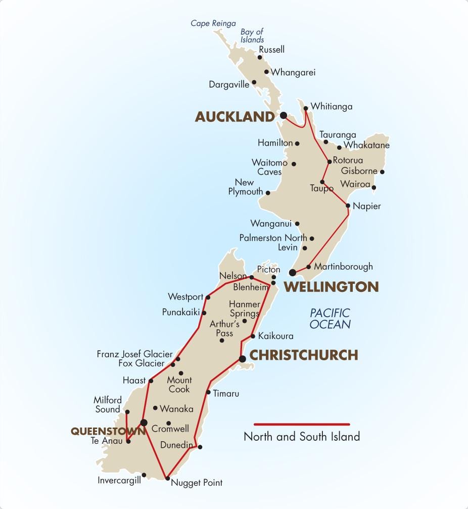 Kort af suður island nýja-sjáland akstur