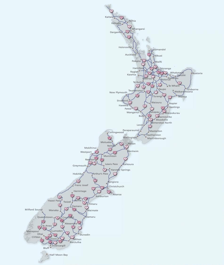 Kort af nýja-sjáland leiðina 