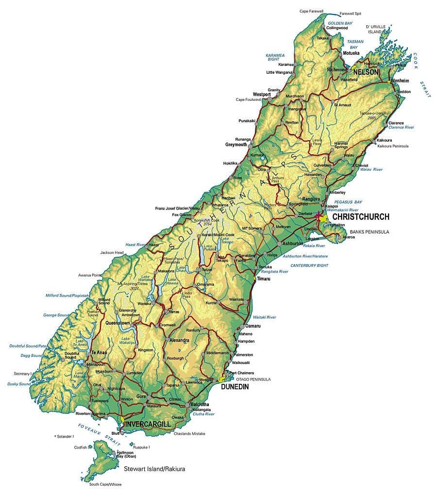 Kort af nýja-sjáland suður island ferðast